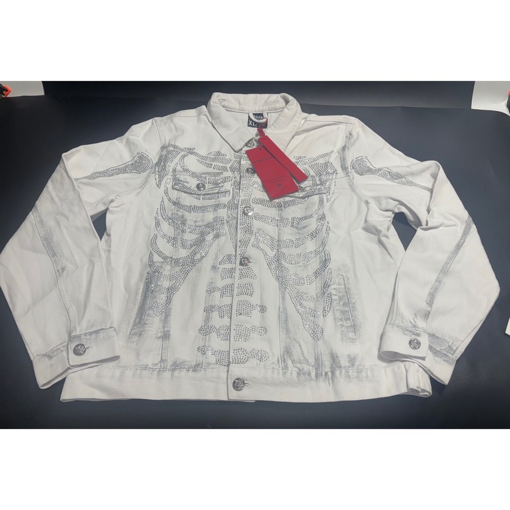 Guapi NEW‎ Dead or Alive Skeleton Rhinestone Denim Jacket White Ltd 75/100  XL
